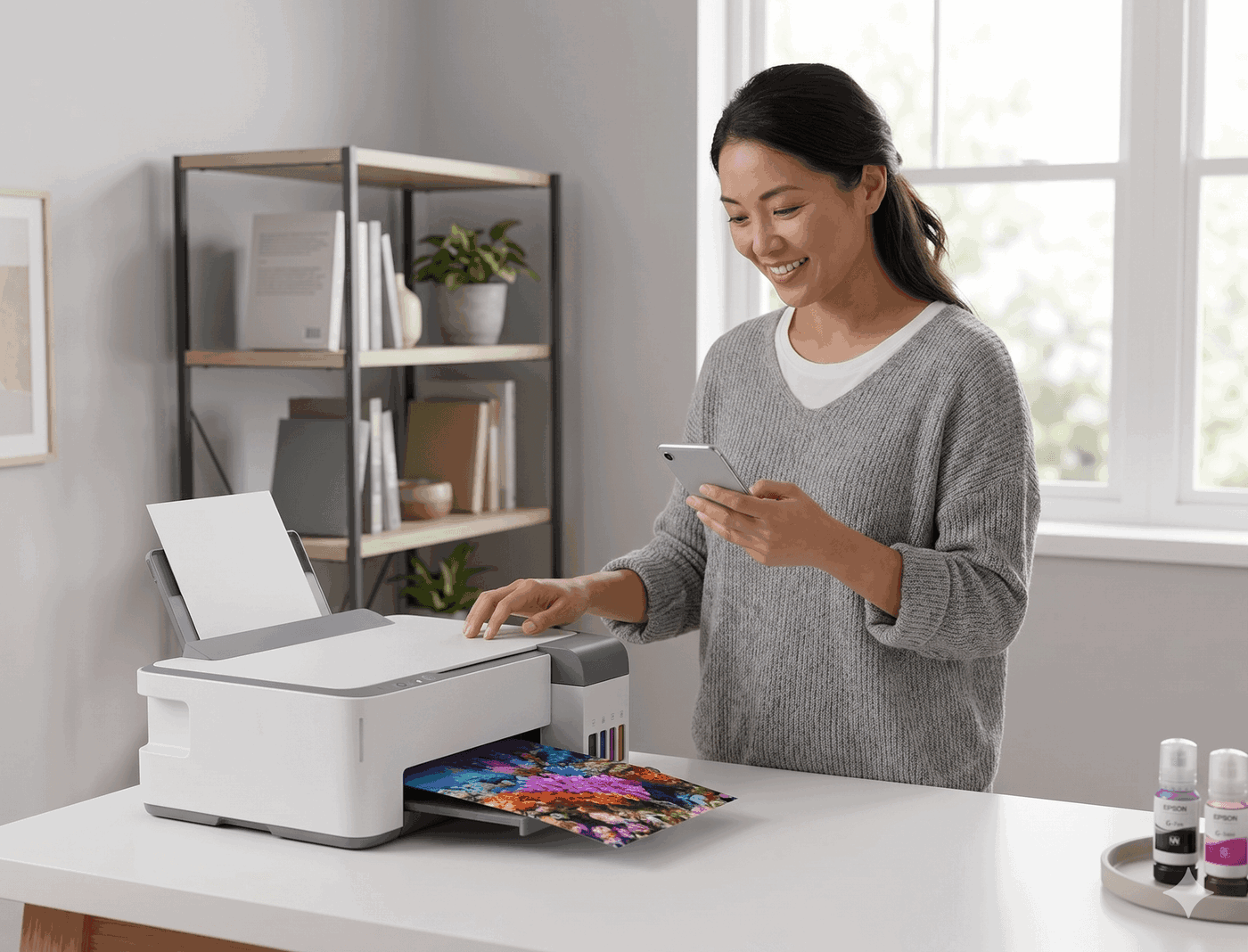 Compact home all-in-one printer in a living room workspace